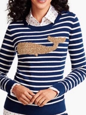 Talbots Whale Sweater Sz L Blue Striped Glitter Lambswool Blend Button Shoulder